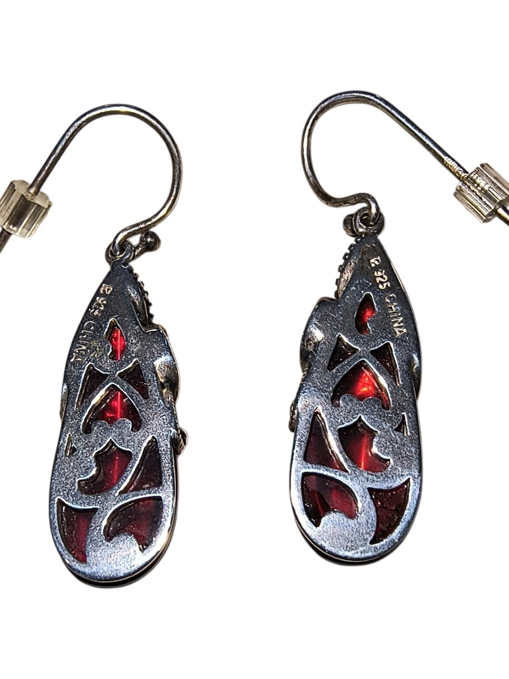 Sterling Silver, Ruby Red Glass & Marcasite Exotic Teardrop Earrings - Picture 8 of 10